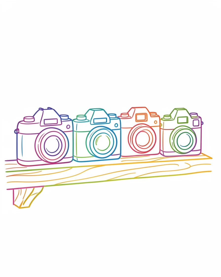 A row of colorful vintage cameras displayed on a wooden shelf.