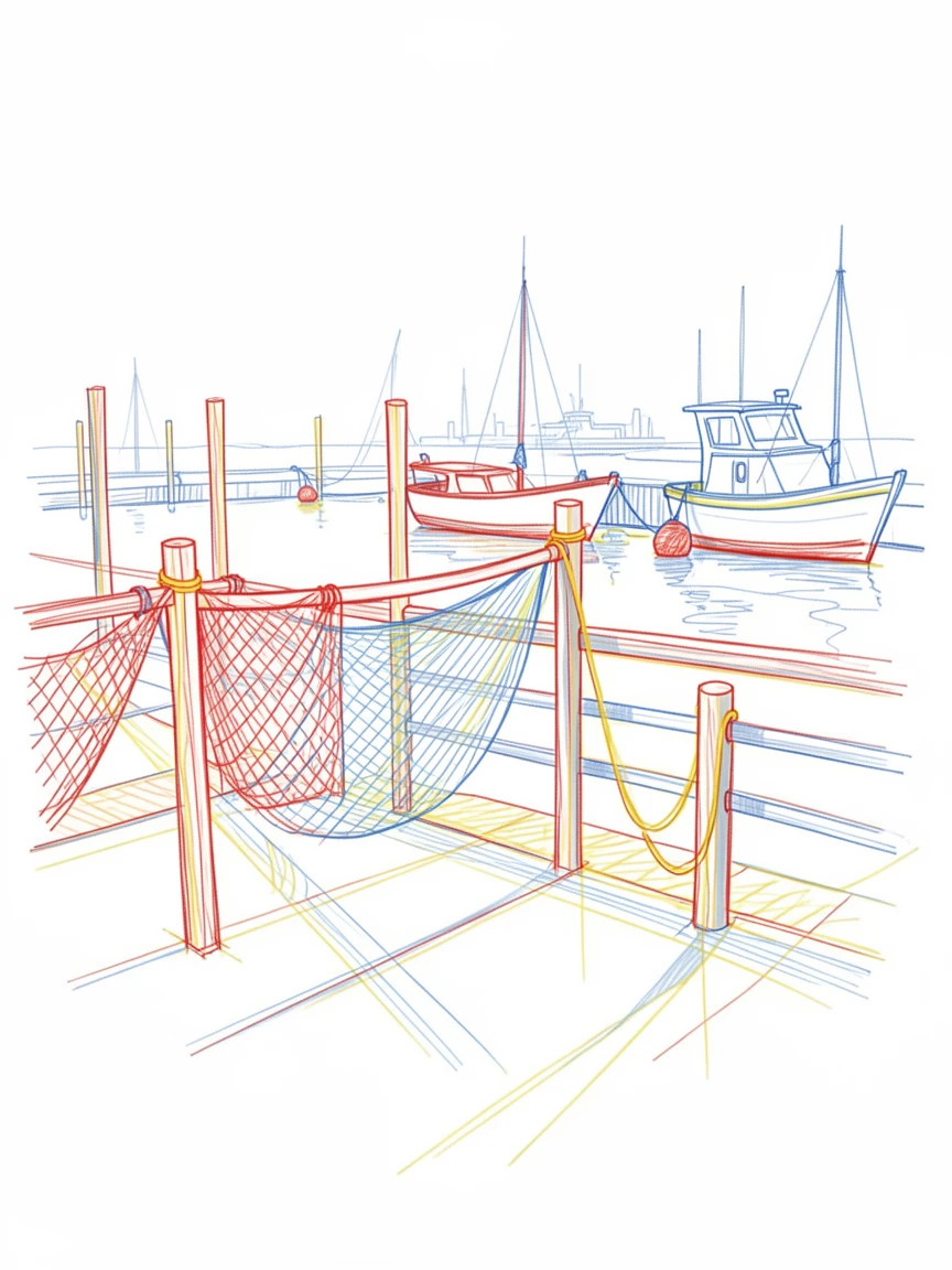 A traditional fishing harbor with nets drying in the afternoon sun