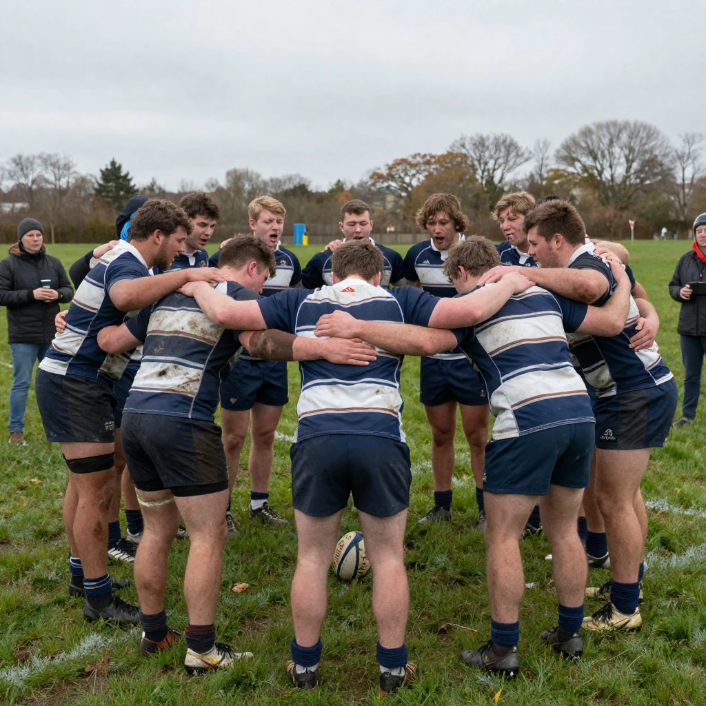 A rugby team huddles together singing before a big match.