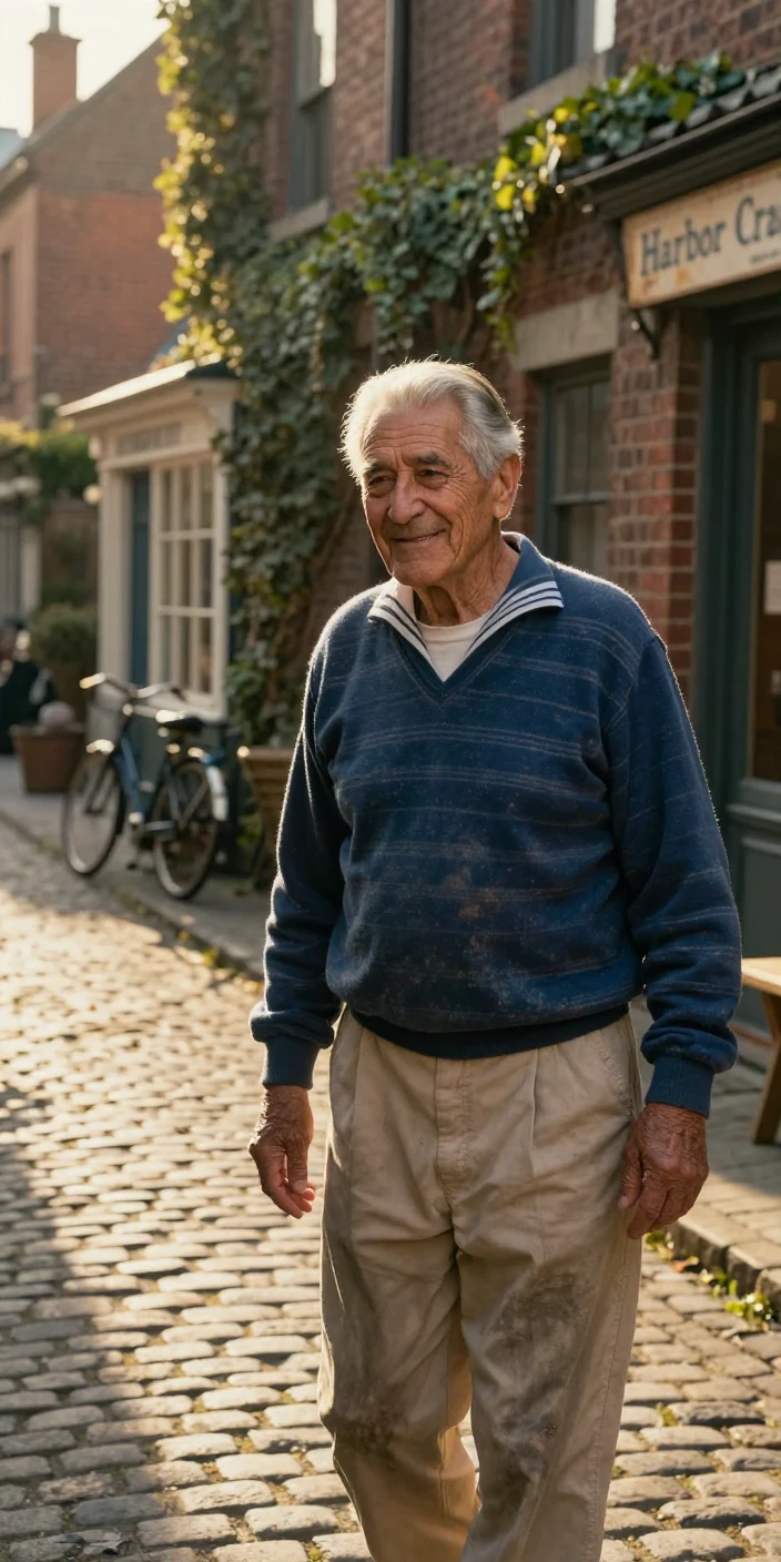 A retired sailor humming a gentle tune while working in a narrow cobblestone alley, a gentle smile crossing their face