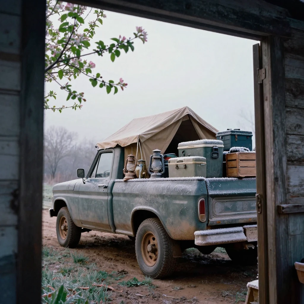 A dusty pickup truck loaded with camping gear on a dirt road, under a pale winter sky, with frost coating every surface, as spring blossoms unfurl, with deep emerald greens and browns, framed through an open doorway.