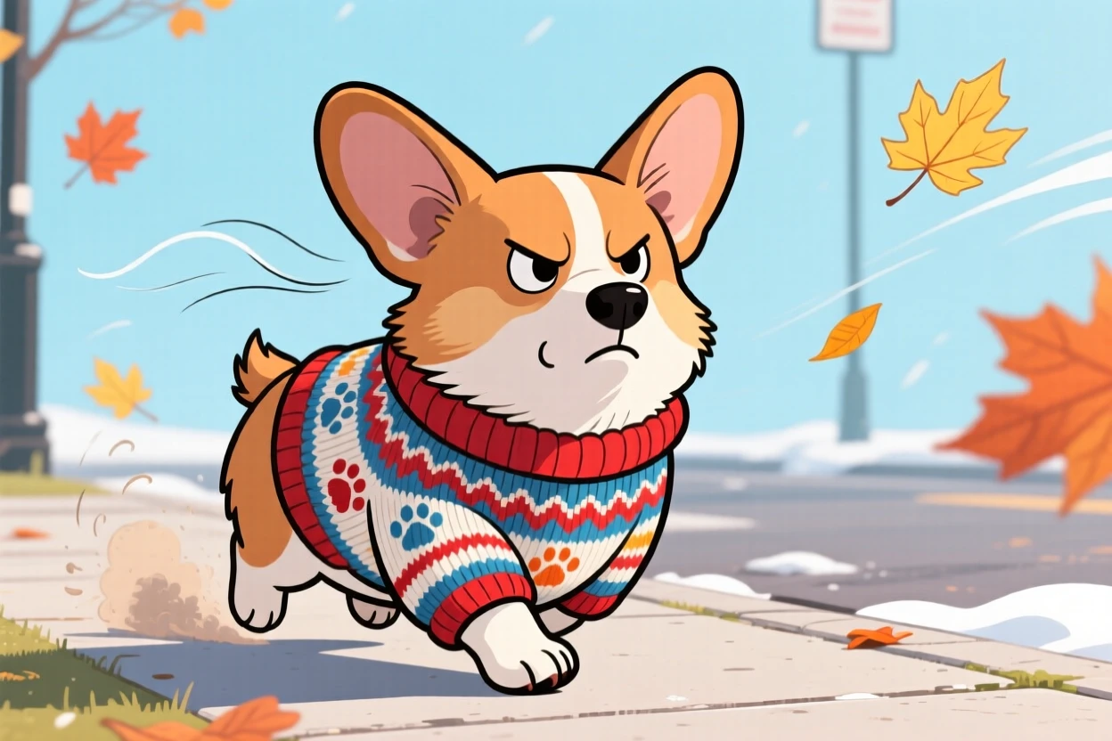 A playful pet moment featuring a tiny stubborn corgi wearing a tiny knitted sweater on a chilly walk, with ears flopping comically in the wind.