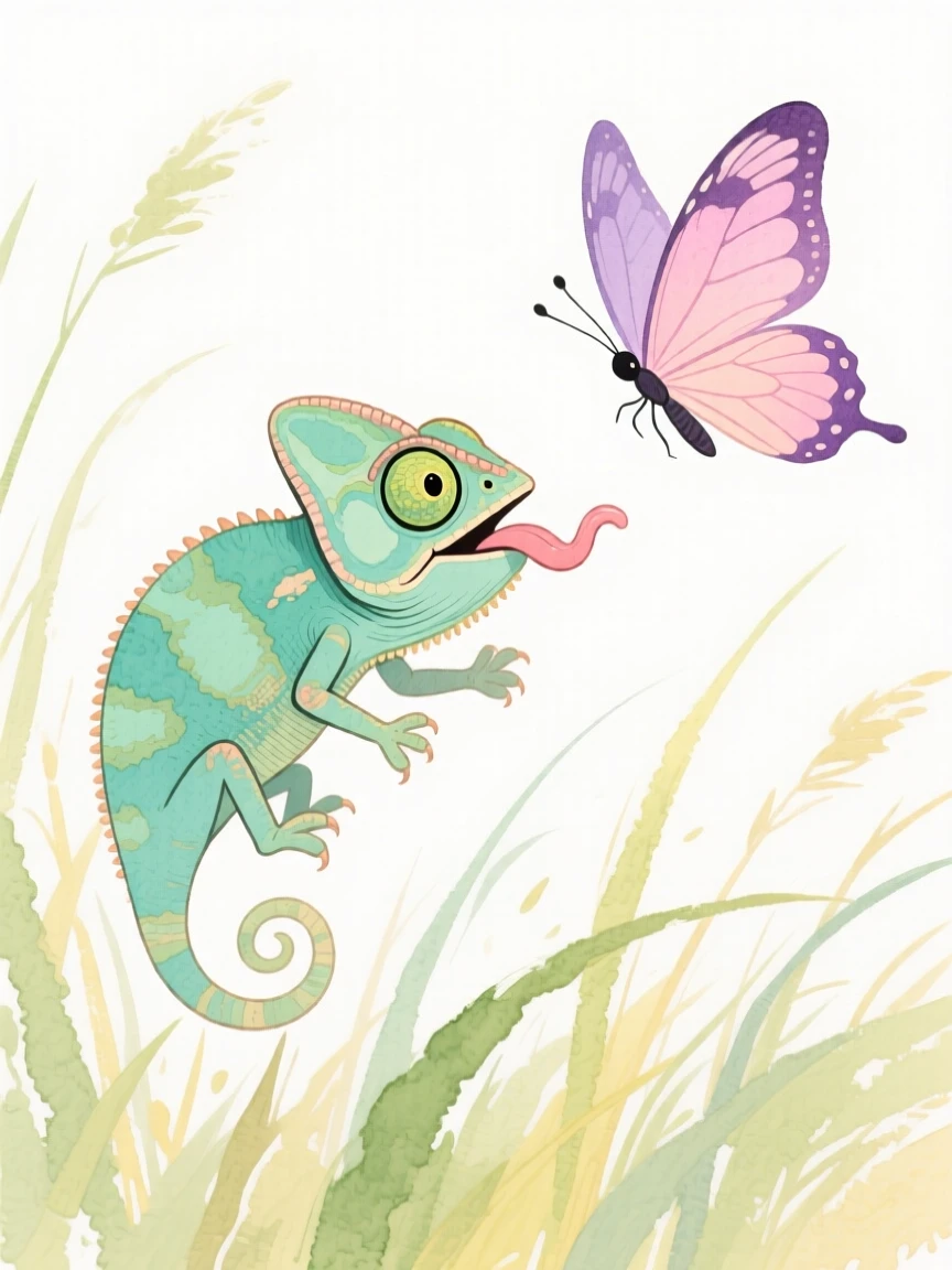 A chameleon chasing a butterfly through tall grass