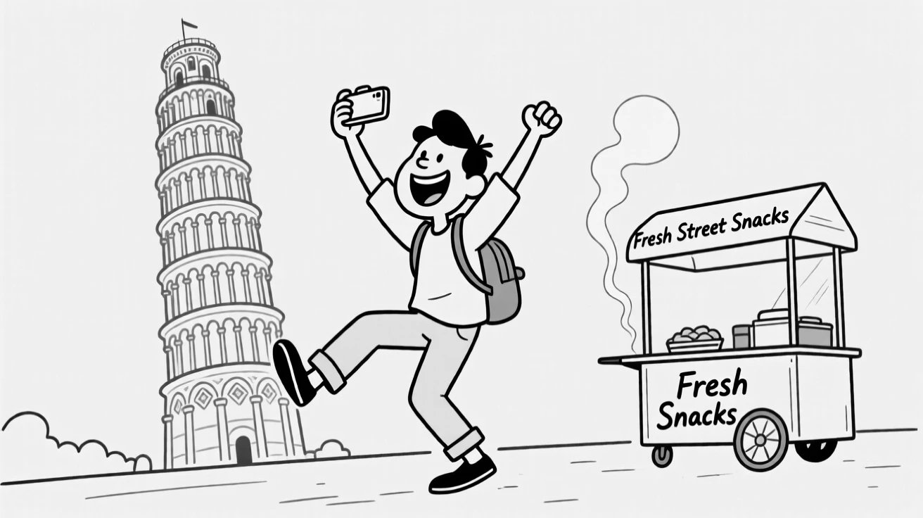 A tourist balancing precariously for a tilted-tower photo, throwing both arms up in pure victorious joy, set in front of a towering ancient monument. Steam rises from a nearby food cart. The scene captures the giddy chaos of exploring somewhere new.