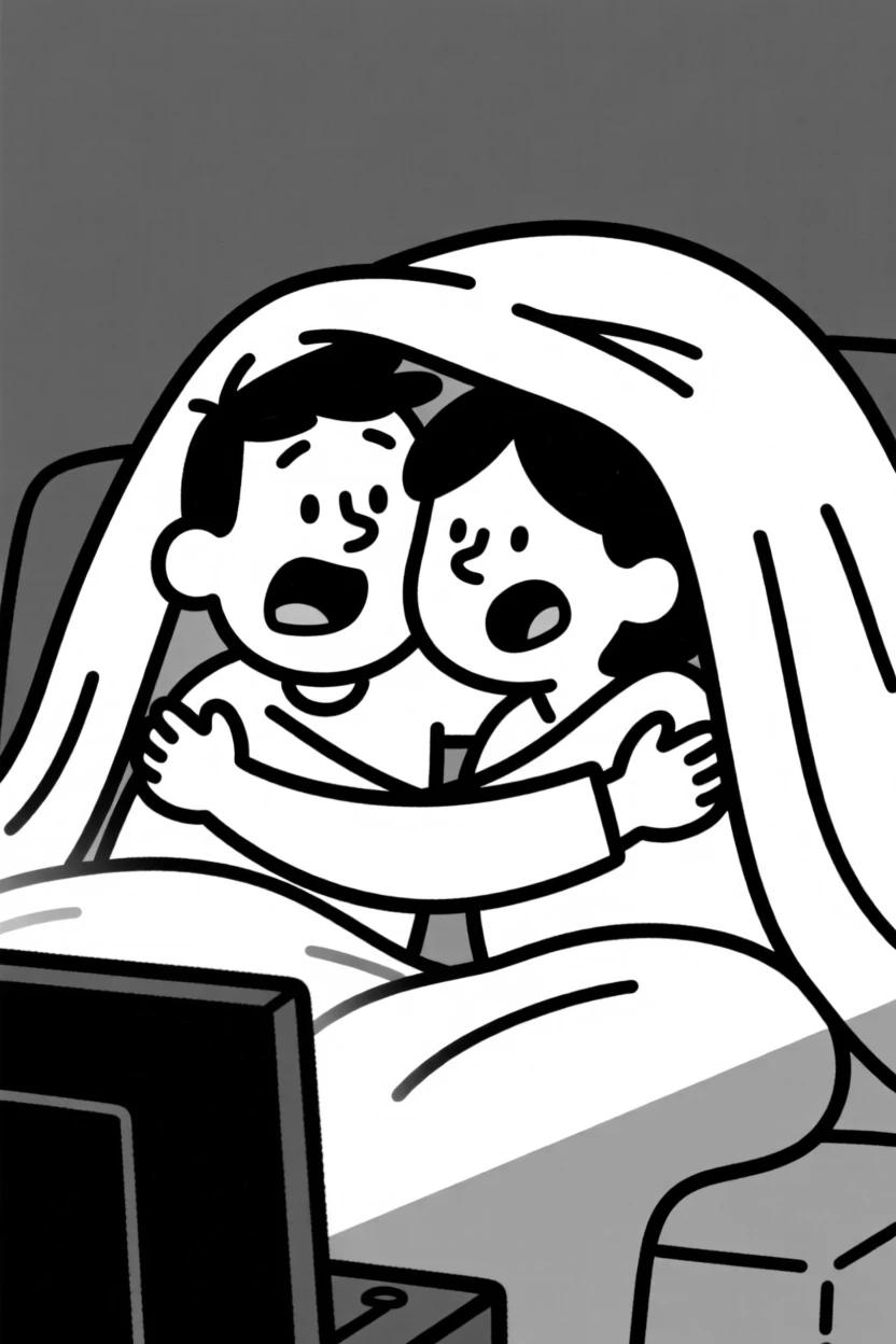 Two people sharing a cozy hug while watching a movie under one big blanket.