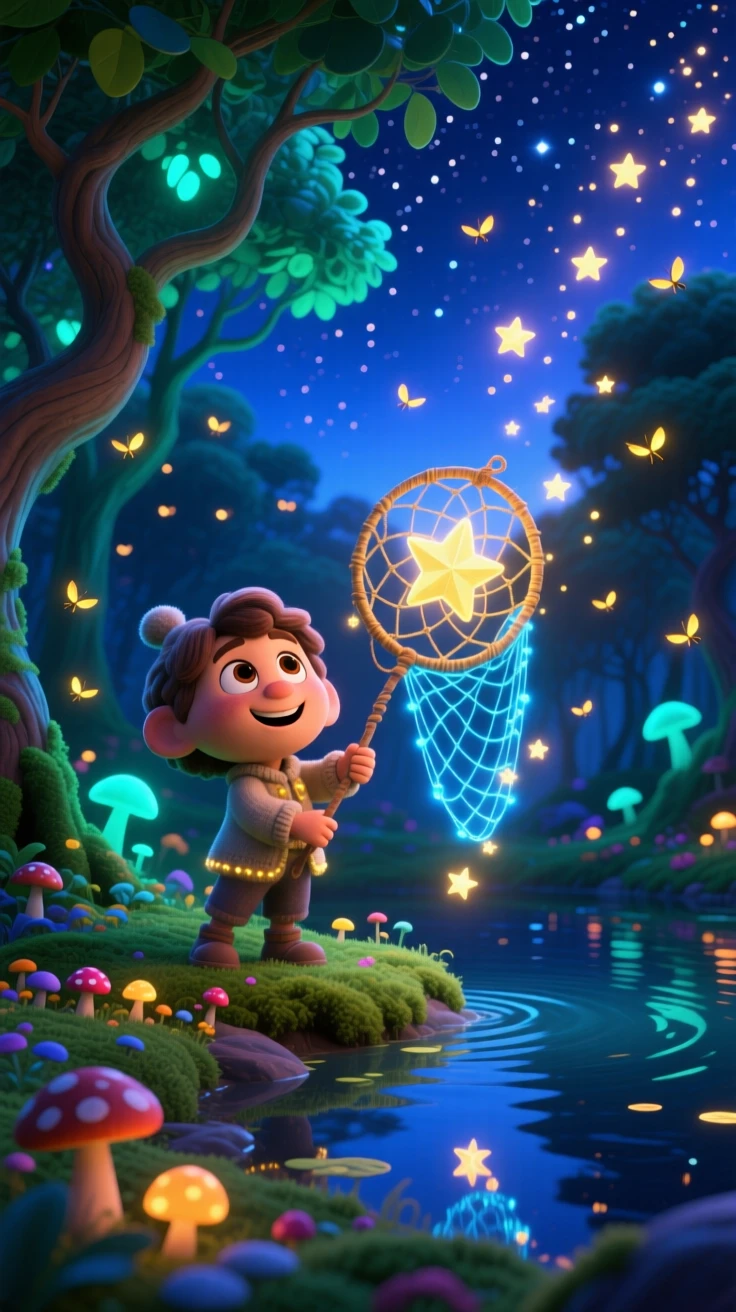 A star-catcher with a glowing net stands in an enchanted forest glowing with fireflies, casting a gentle spell of light. A quiet magic hums softly throughout the scene, with stars reflected in a nearby pool of water.