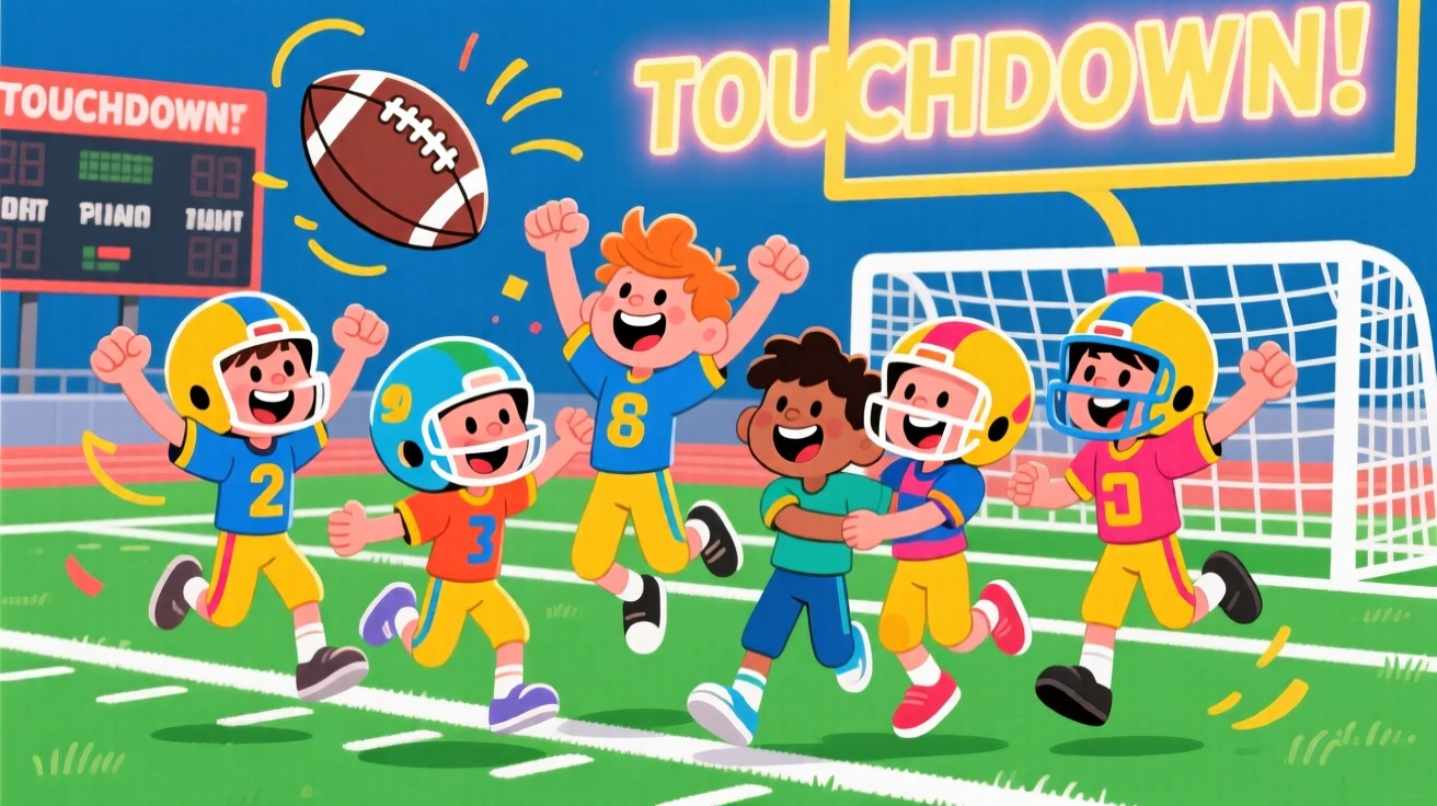 A youth football team celebrating a touchdown together.