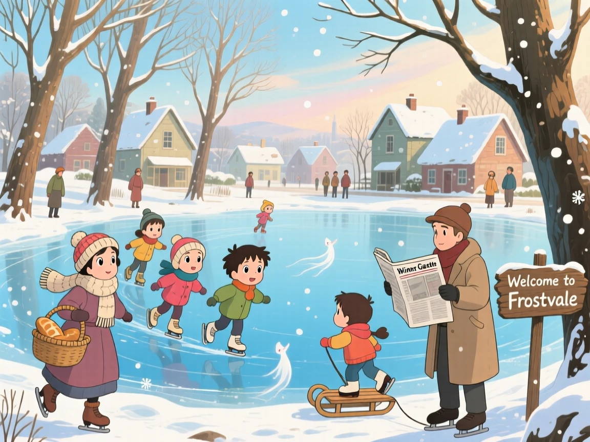 A winter scene of a frozen pond where children skate under bare trees, as townsfolk go about their day.