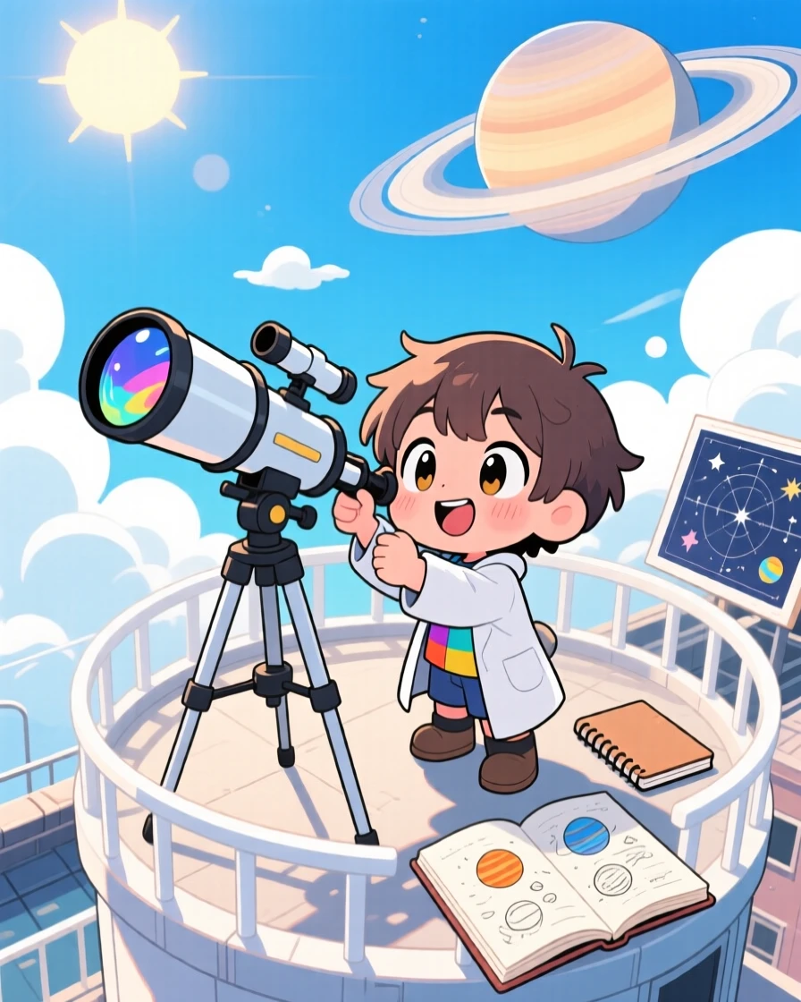 A young astronomer peering through a telescope at Saturn's rings, framed as a bird's-eye view within a rooftop observatory at night, beneath fluffy drifting clouds, glowing under bright midday sun, evoking proud determination.