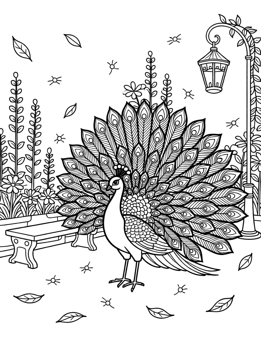 A peacock spreading its full tail in a garden courtyard, surrounded by fireflies and drifting leaves.