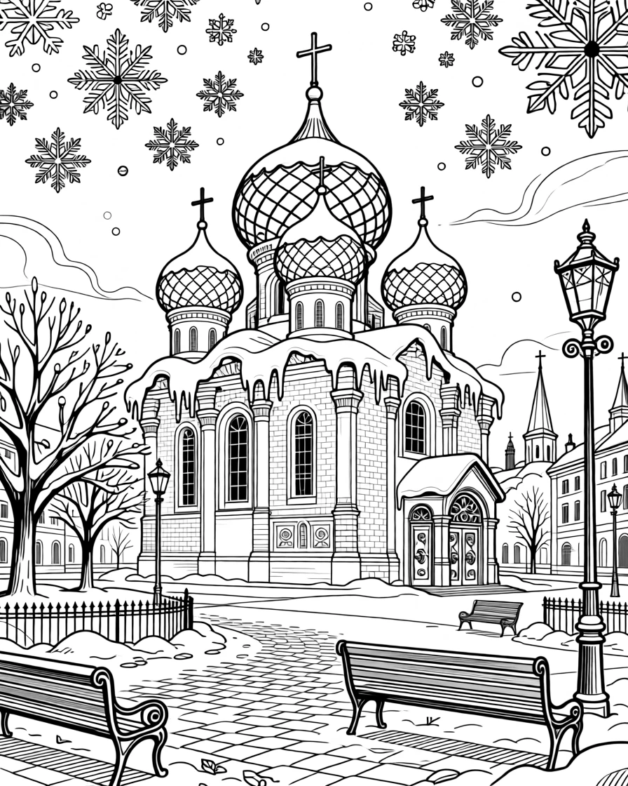 A snow-covered onion-domed cathedral in a winter square.