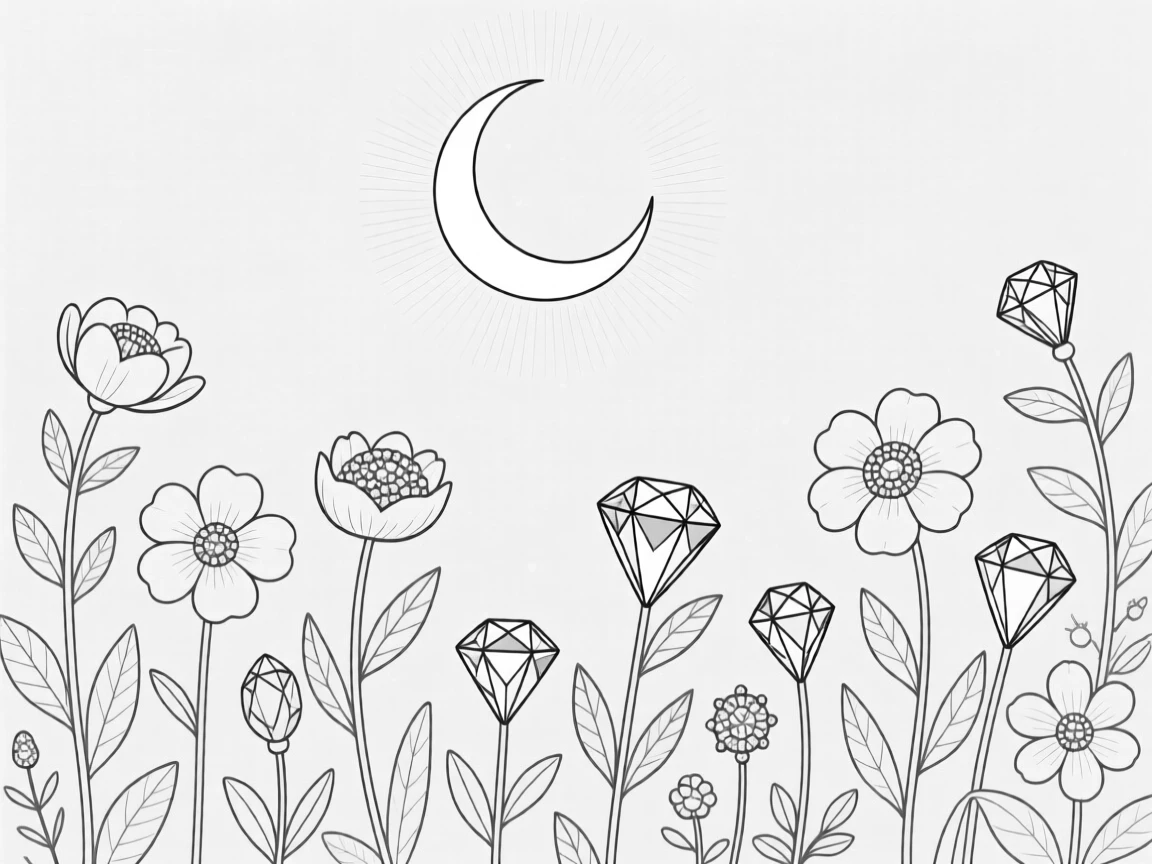 A moonlit garden where every flower is a different jewel
