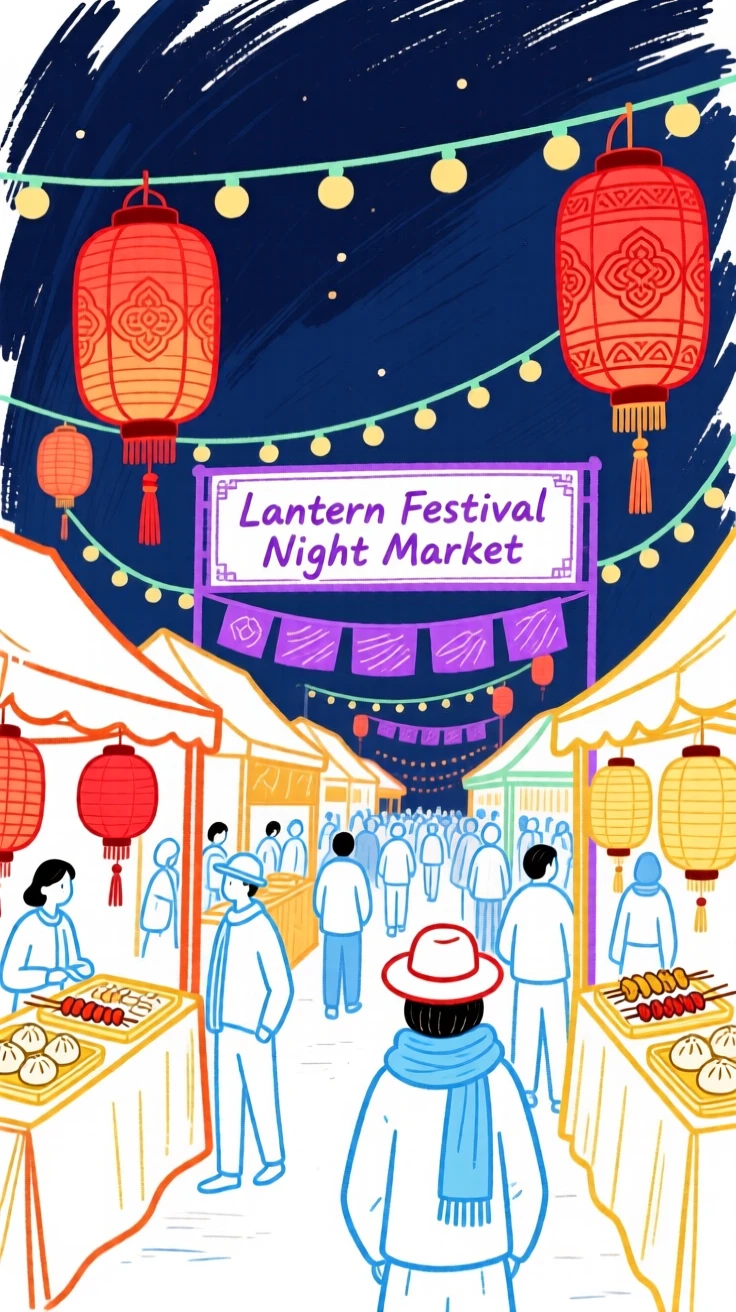 A festive lantern festival glowing over a night market.