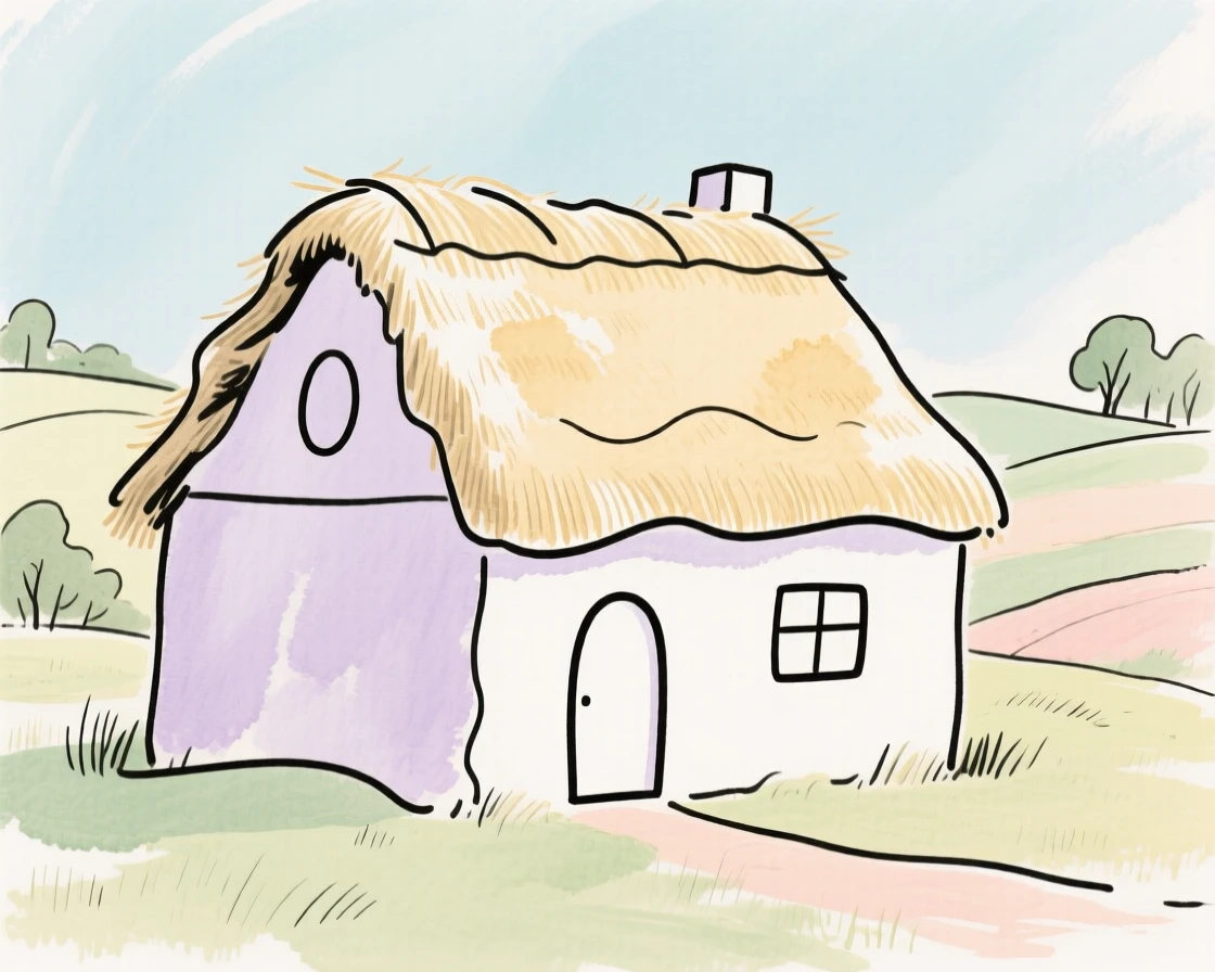 A thatched-roof cottage in the countryside