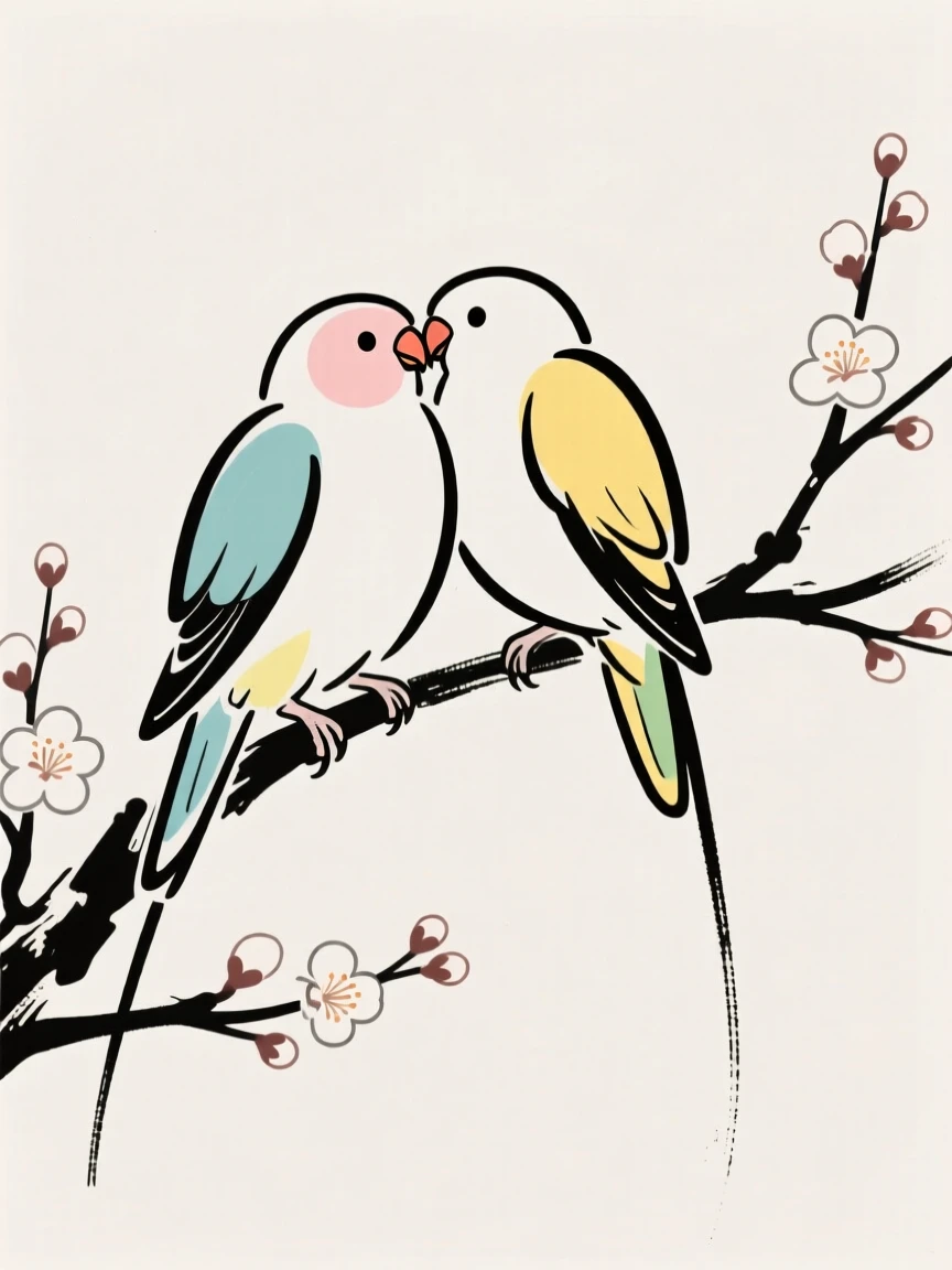 A pair of lovebirds perched closely together on a blossoming branch.
