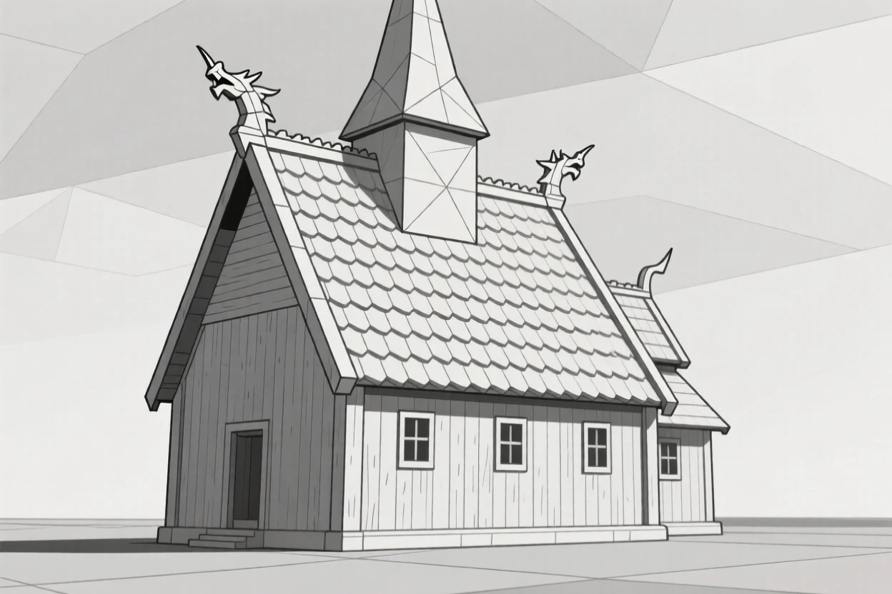 A Scandinavian stave church with dragon-carved eaves