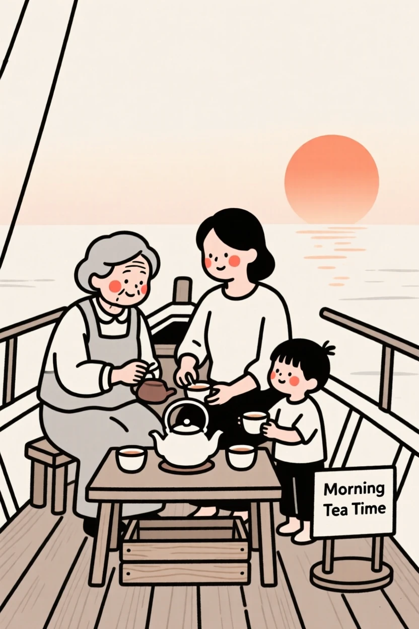 Four generations of one family brewing tea in a cozy kitchen, on a fishing boat at dawn.