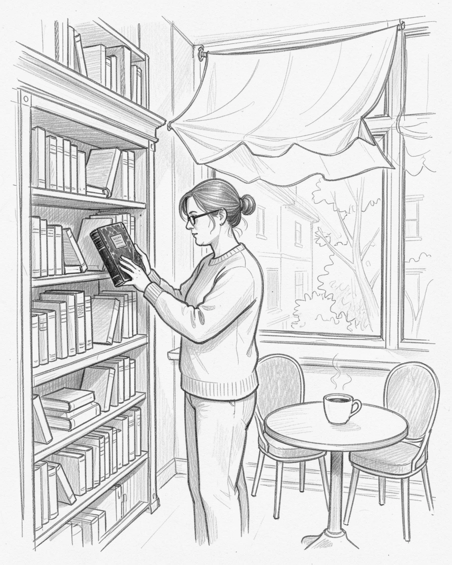 A librarian shelving old books, in a cozy neighborhood cafe, with a gentle breeze rustling awnings overhead.