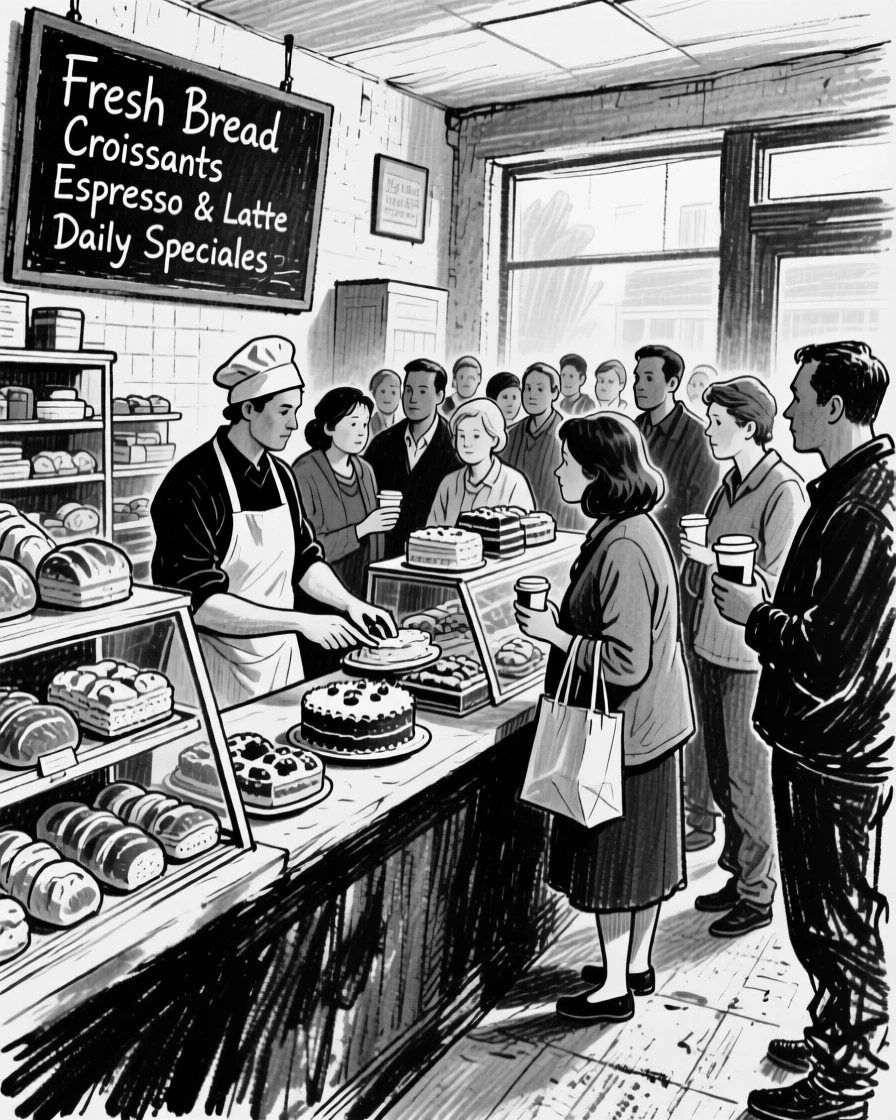 A busy morning at a small neighborhood bakery, with everyone gathered close together.