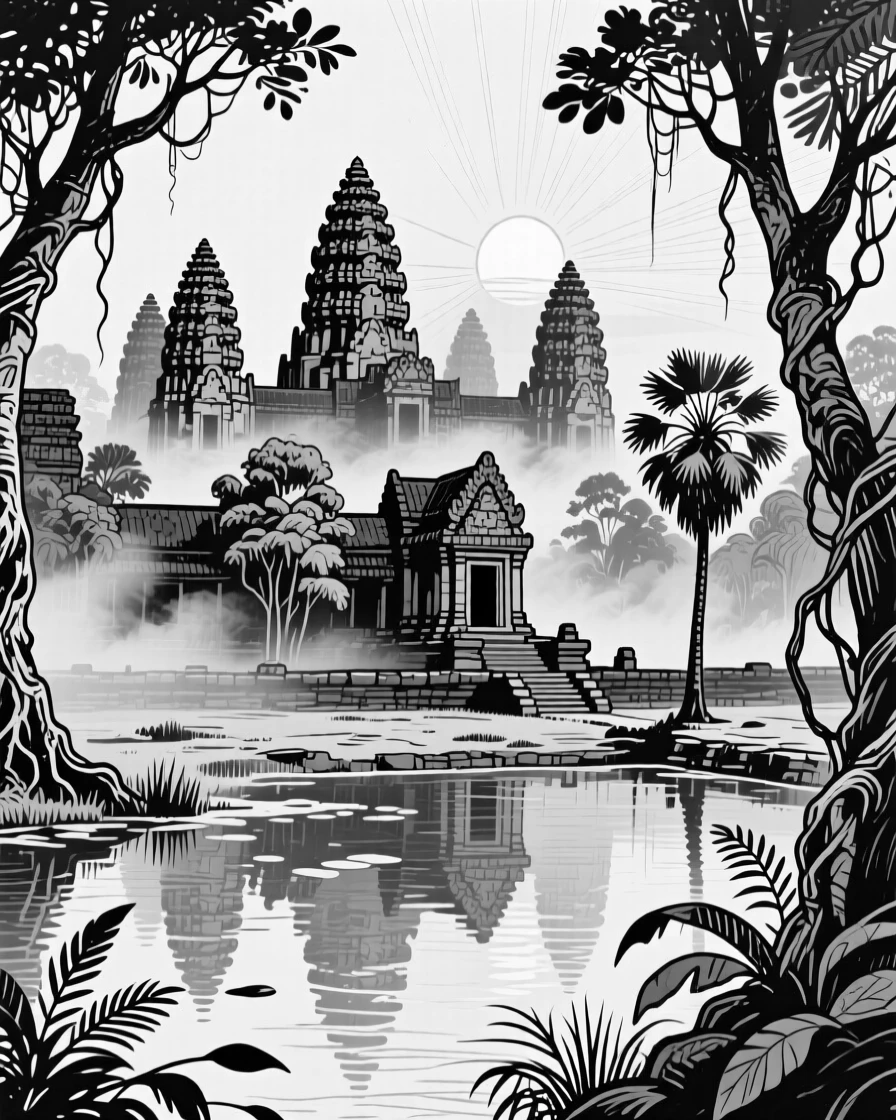 The ancient temples of Angkor Wat emerging from the jungle mist at sunrise.