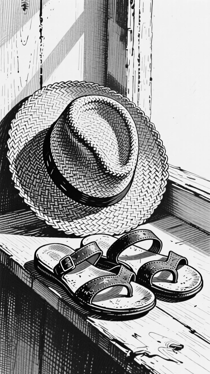 A straw sunhat and a pair of sandals resting on a sunlit windowsill, with fine scratches telling of years of use, forming a quietly nostalgic still-life study.