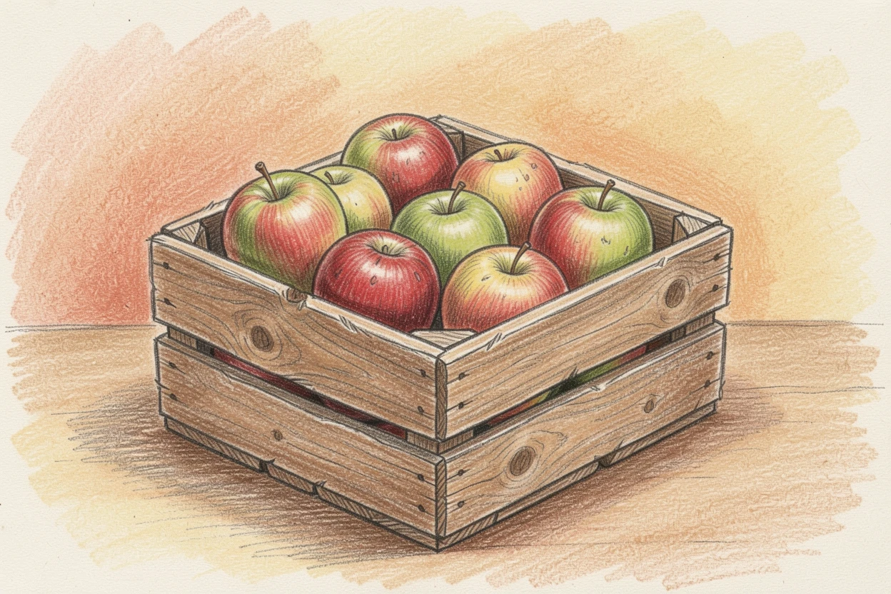 A rustic wooden crate filled with freshly picked apples, set against a simple, warm-toned background, capturing the beauty of everyday treasures.