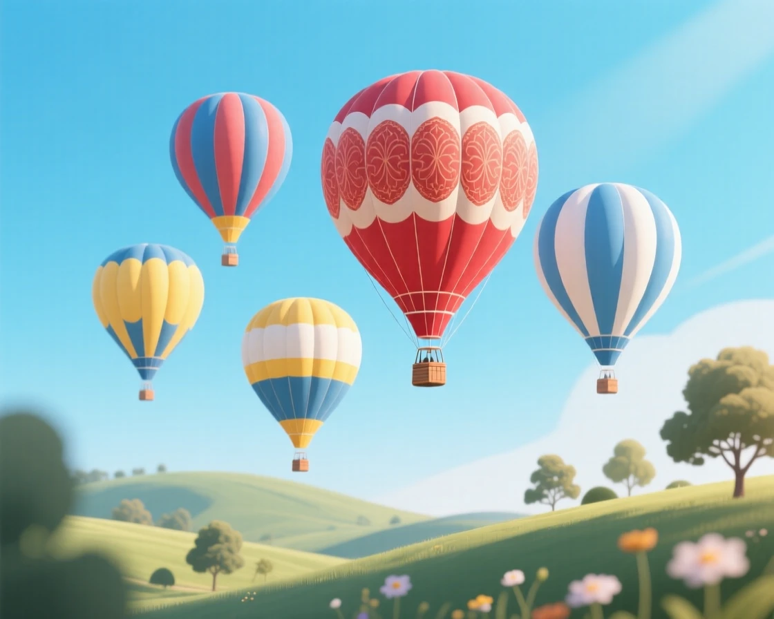 A collection of hot air balloons drifting in a clear sky, arranged within a softly blurred natural setting, framed tightly to emphasize fine texture and detail, with a clean, elegant simplicity.