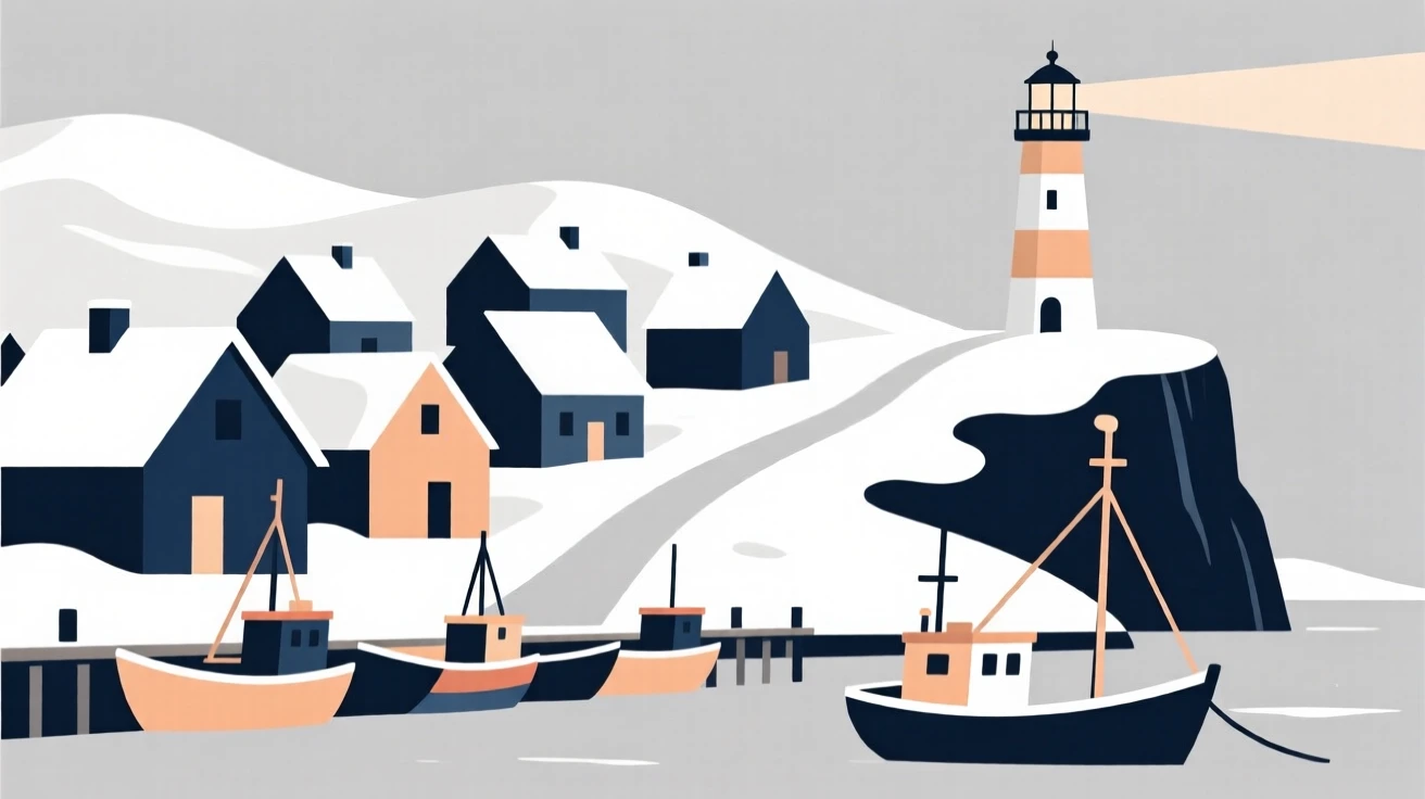 A journey through a snow-covered alpine village toward a lighthouse on a cliff, passing a row of fishing boats, full of cultural wonder.