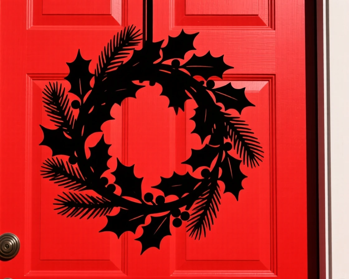A wreath of pine and holly hanging on a bright red front door.