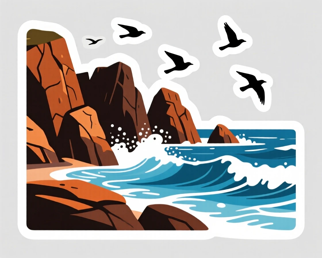 A richly colored rocky coastline with crashing waves, with birds flying across the sky, untouched and wonderfully quiet.