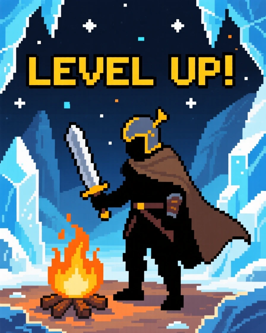 A pixelated hero leveling up beside a campfire under starlight, within a frozen ice cave dungeon.