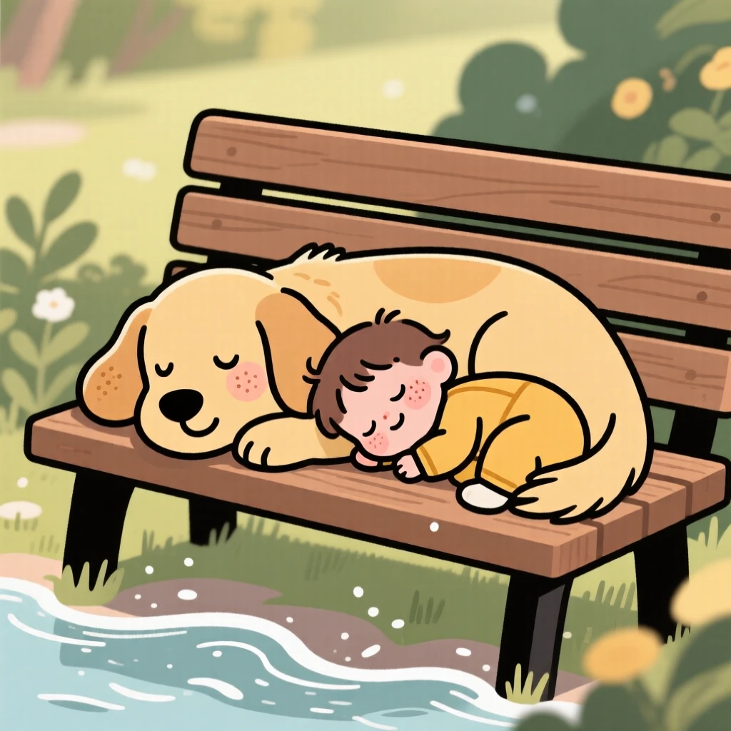 A golden retriever curls up beside a sleeping toddler on a garden bench, both worn out after an afternoon of splashing through shallow waves.