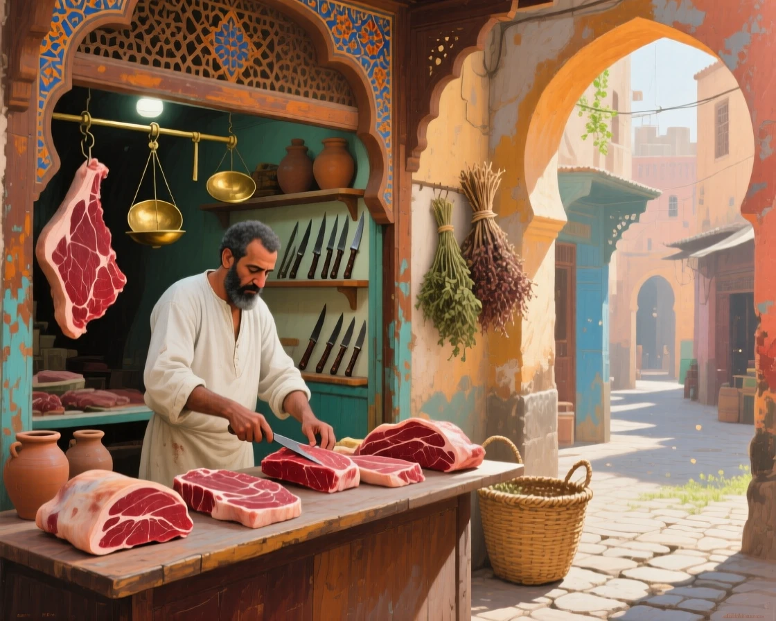 A well-framed scene of a butcher arranging cuts of meat in a traditional shopfront, in a Moroccan medina, in late spring.