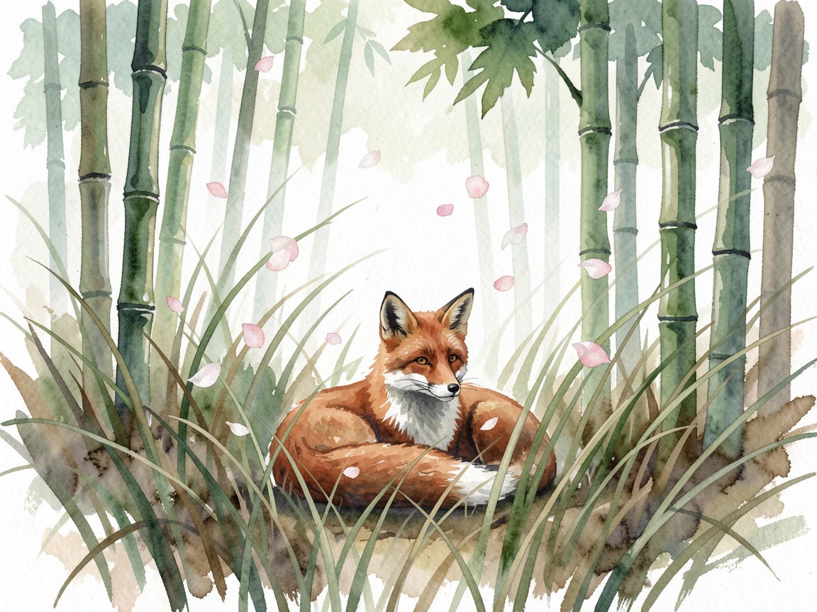 A red fox in tall grass in a peaceful bamboo forest surrounded by falling flower petals.
