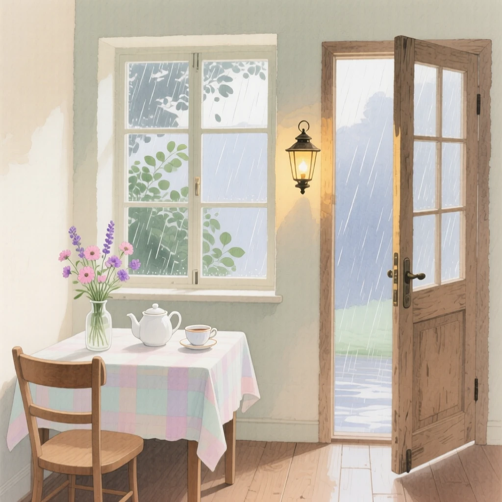 A charming view of a cozy breakfast nook, with soft rain falling just outside the window, featuring a lantern glowing beside the door