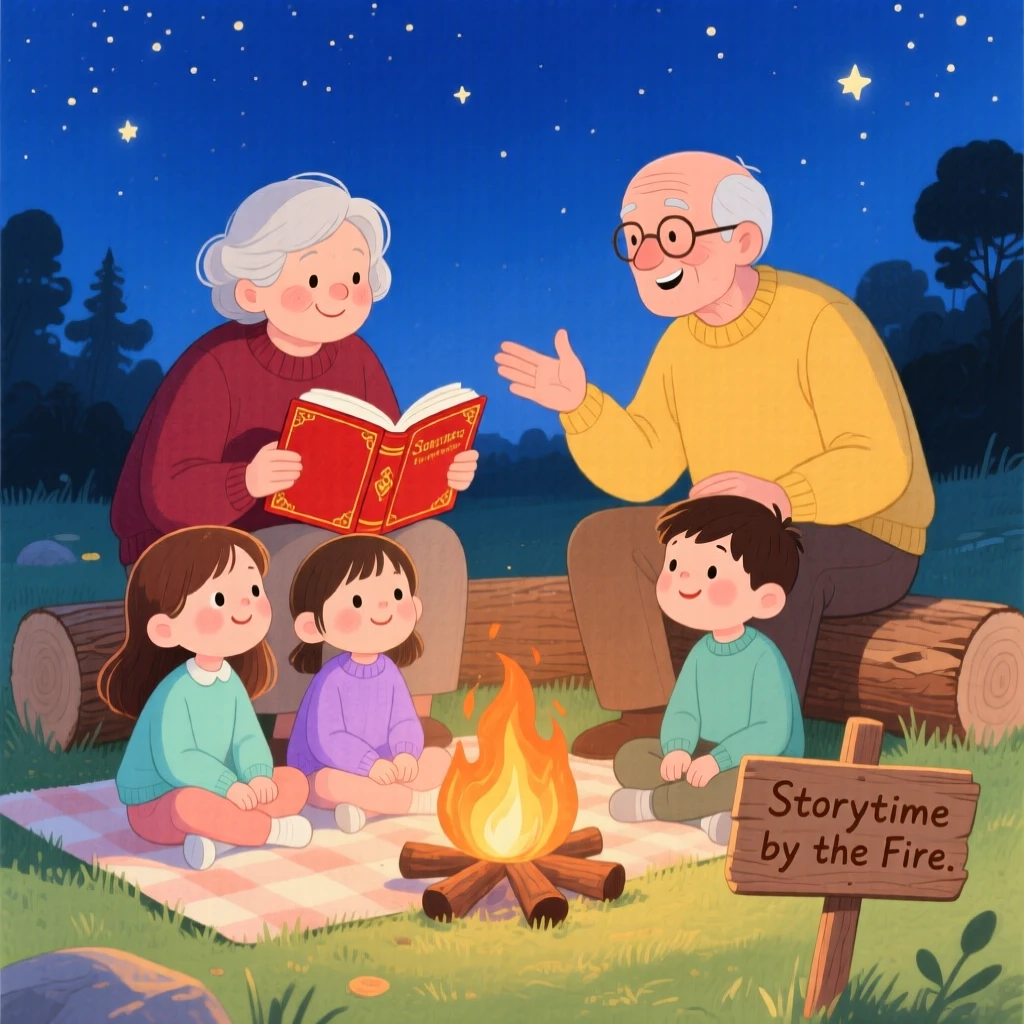 A heartwarming moment showing grandparents telling stories to grandchildren by a fire.