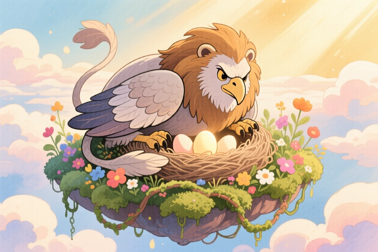 A wise old griffin curling protectively around a nest of glowing eggs, in a floating garden above the clouds, brimming with magical warmth and beauty.