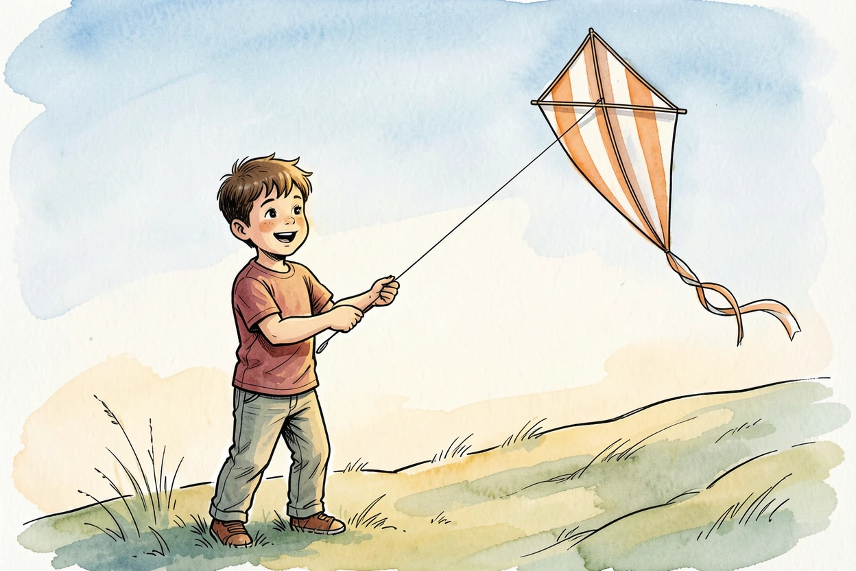 A young boy proudly flying his first kite on a breezy hilltop, a feeling of quiet contentment throughout the moment.
