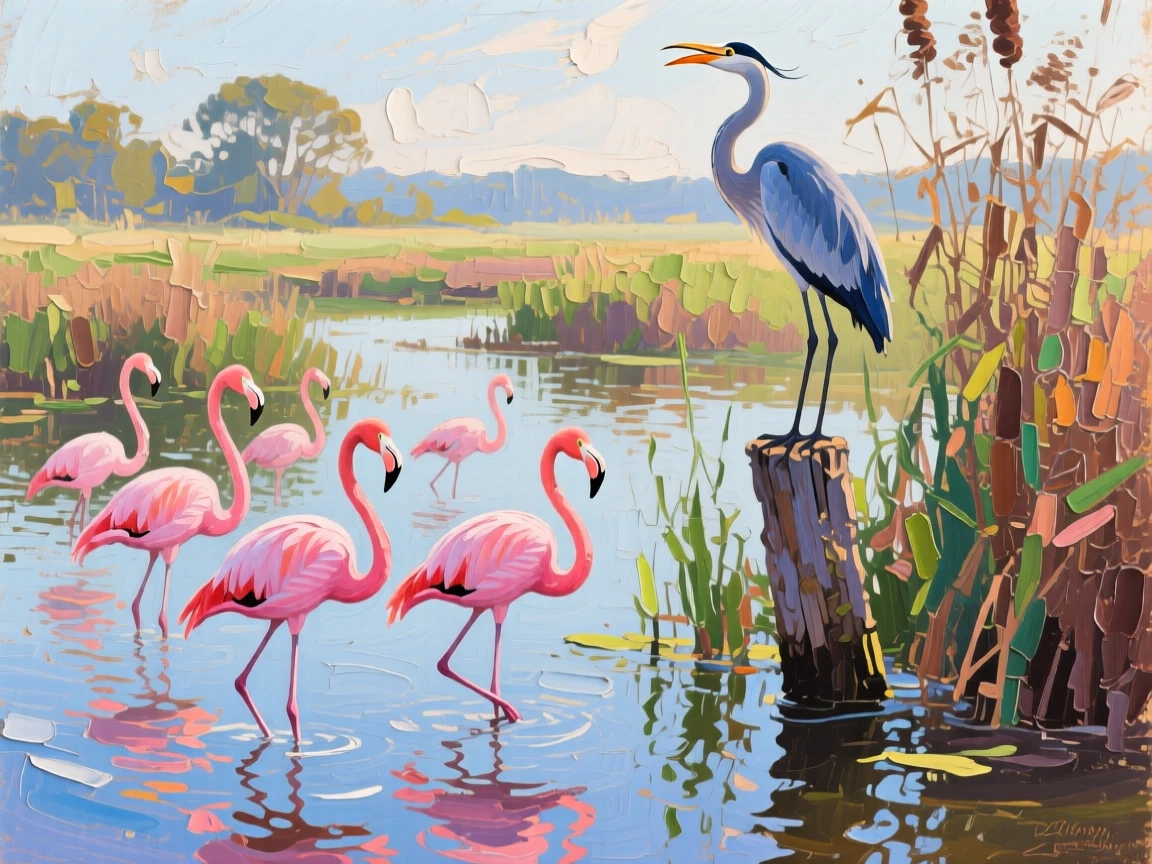 A flock of pink flamingos wading in shallow water, beside a quiet, reed-lined wetland, it calling out from its high perch, under soft, diffused midday light.