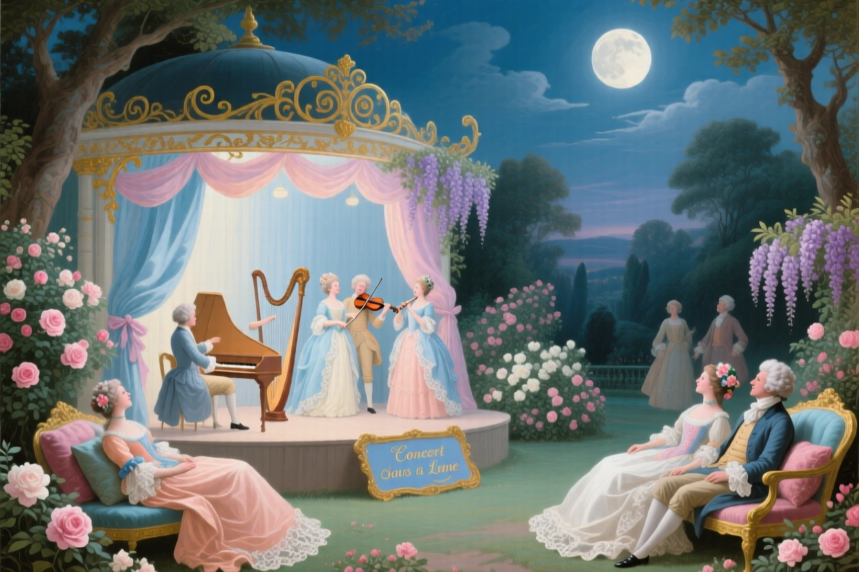 A garden pavilion transformed into a stage for a moonlit concert  