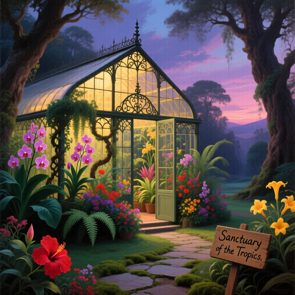 A greenhouse glows warmly, filled with exotic blooms and vines.