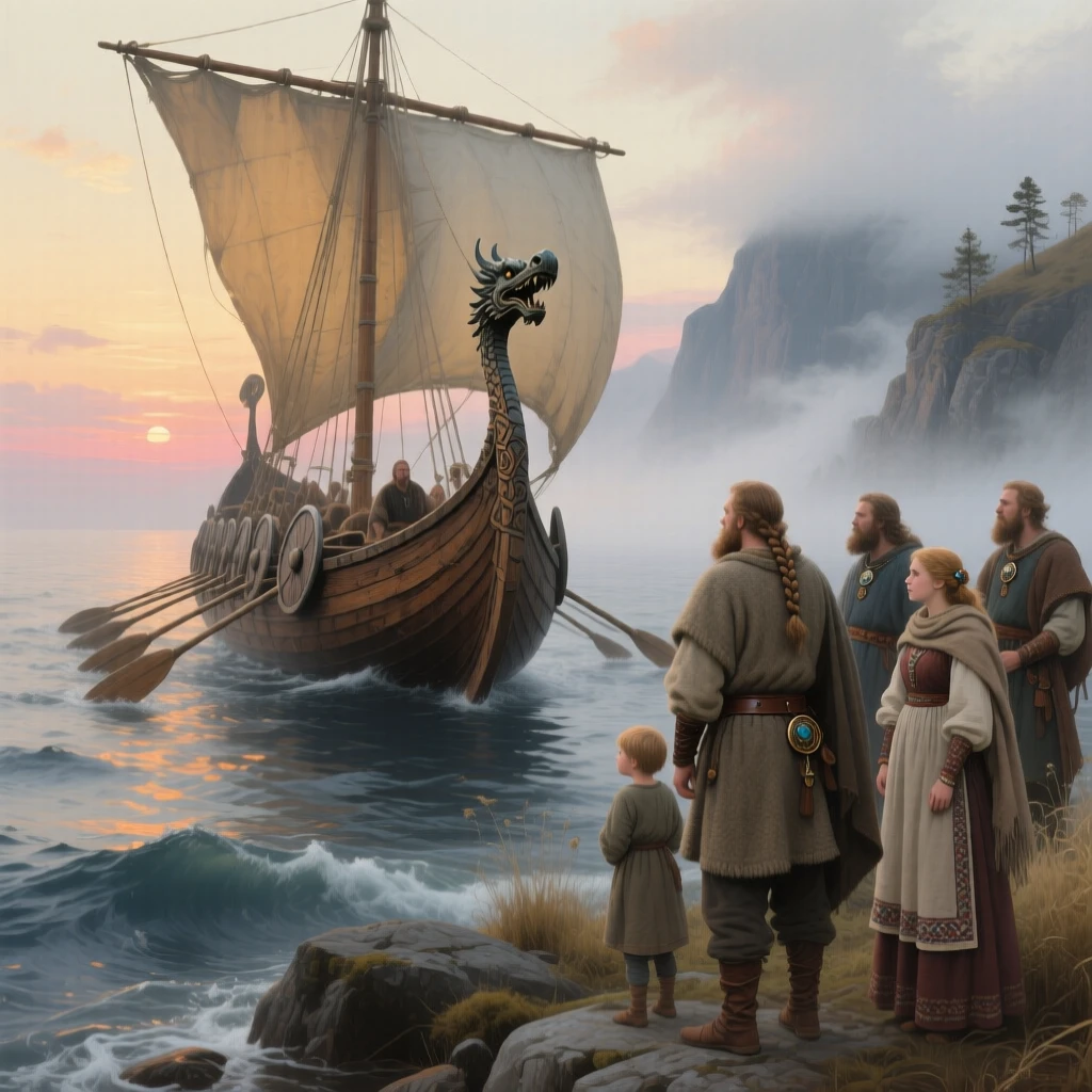 A Viking longship cutting through misty northern seas at dawn, as onlookers in traditional dress watch the scene unfold, capturing the grandeur and detail of a bygone era