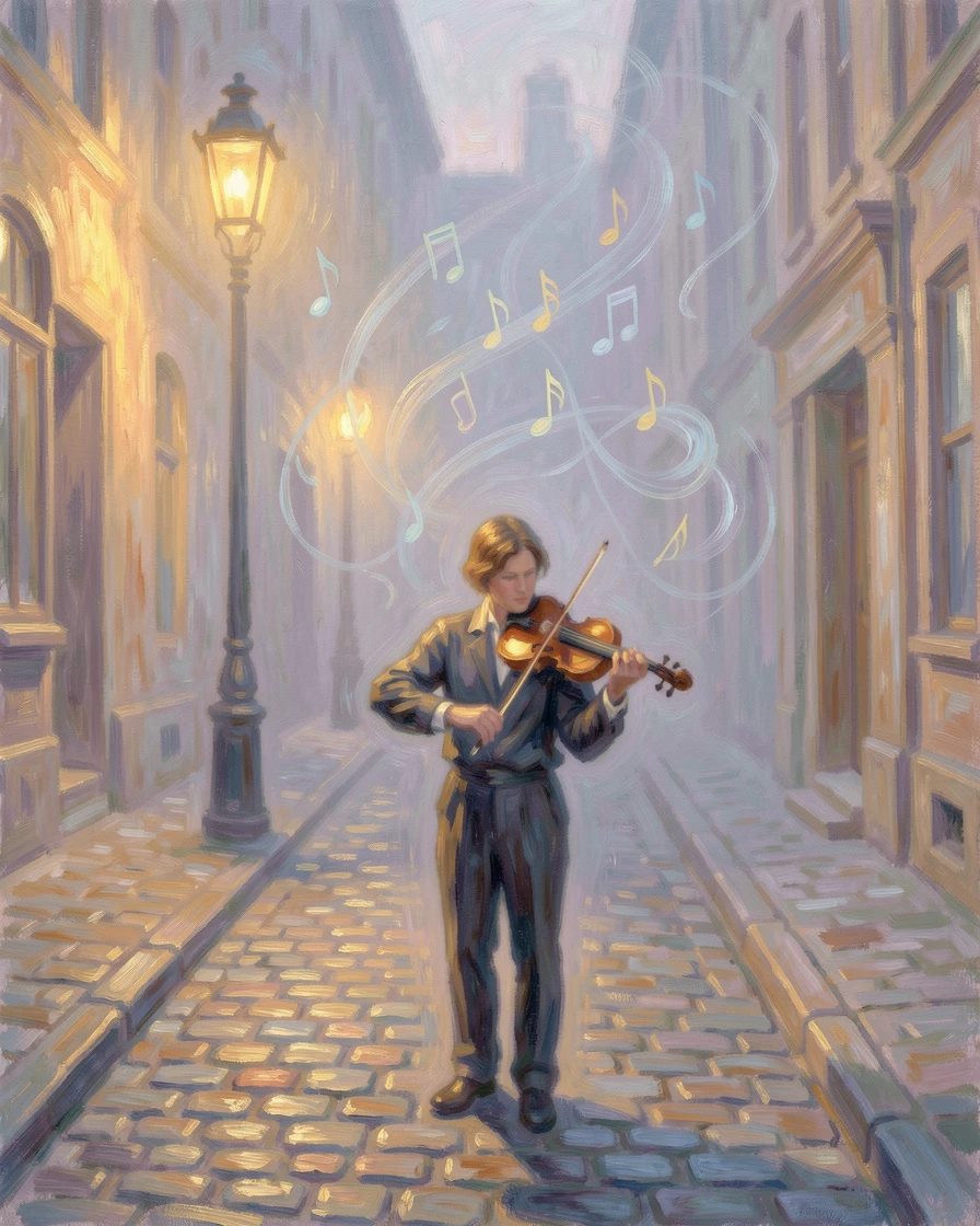 A violinist playing beneath a streetlamp on a cobblestone alley, notes seeming to drift into the evening mist, filled with warmth and nostalgia.