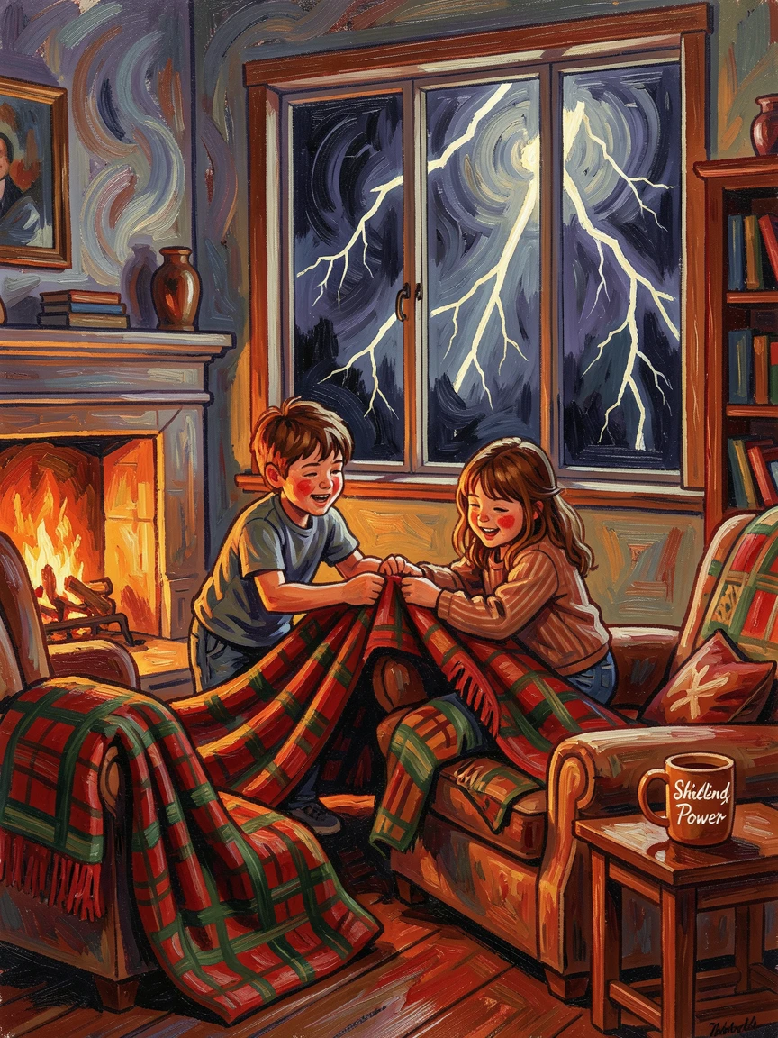 Siblings building a blanket fort together in a cozy living room during a thunderstorm.