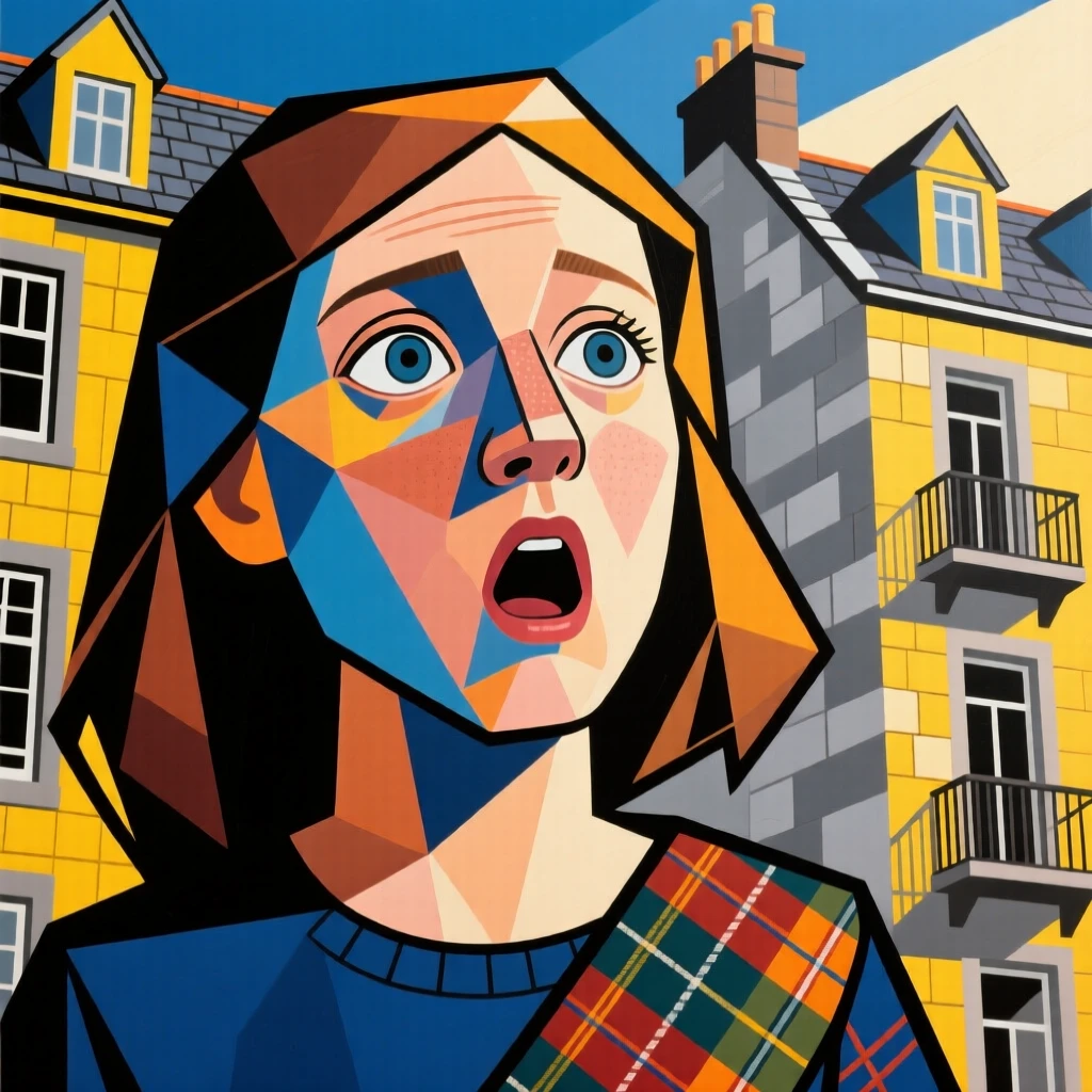A close-up portrait of a teenage girl of Scottish heritage, gasping in wonder, on a sunlit balcony overlooking rooftops.