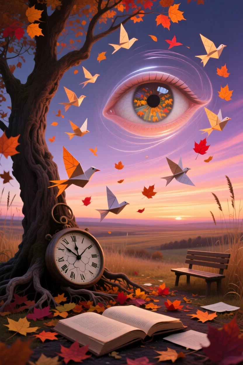 An autumn wind carrying leaves shaped like tiny paper birds moves slowly across a horizon streaked with fading light, while everything nearby seems to pause and hold its breath.