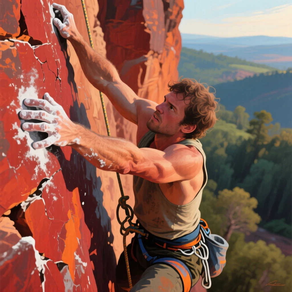 A determined rock climber reaches for the next hold on a sheer cliff face, chalk dust visible on strained fingers against red sandstone, background elements kept softly out of focus to keep attention on the human moment.