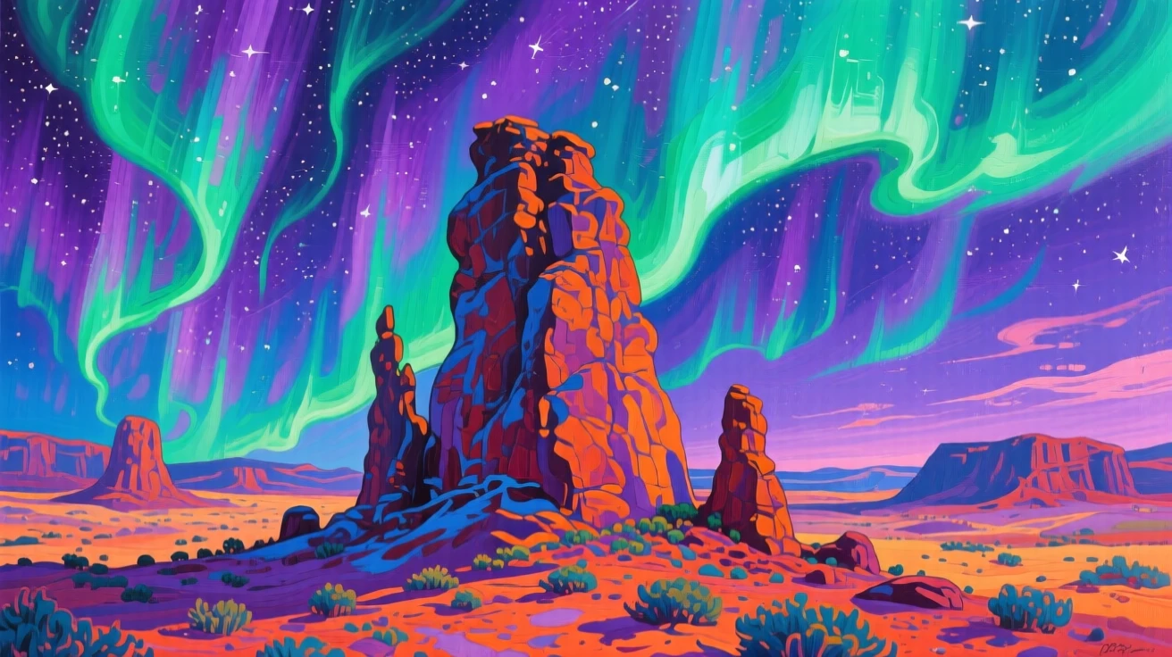 a desert rock formation standing as the aurora australis dances in ribbons of green and violet