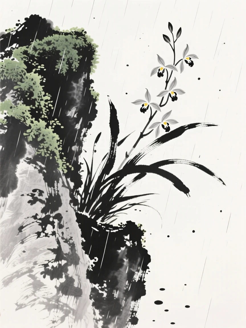 A cluster of wild orchids grows from a crevice in a mossy rock, as a light rain dampens the surrounding moss.