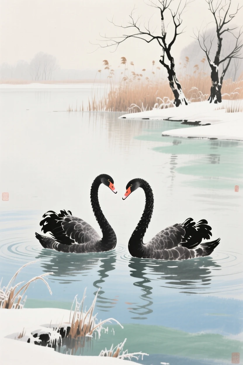 A pair of swans gliding side by side across a quiet lake, carrying a mood of wistful nostalgia, as winter frost settles.